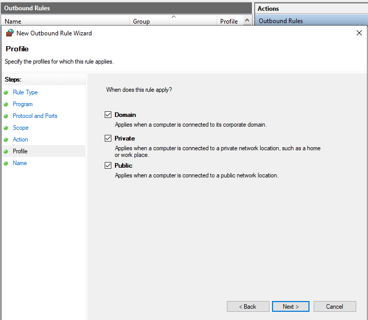 Defining Profile for Outbound Firewall Rule on Windows 10