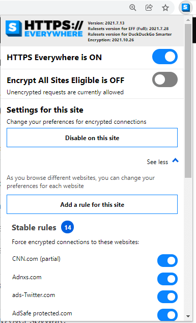 Disabling the HTTPS Everywhere extension for a specific website while surfing