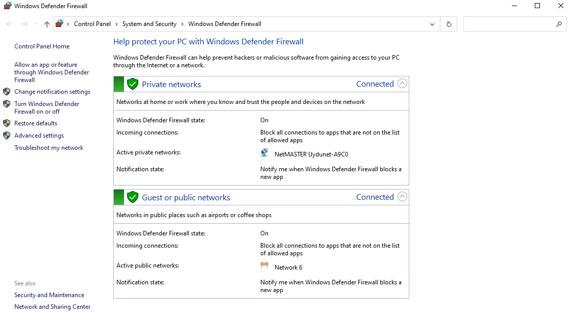 Viewing Windows Defender Firewall