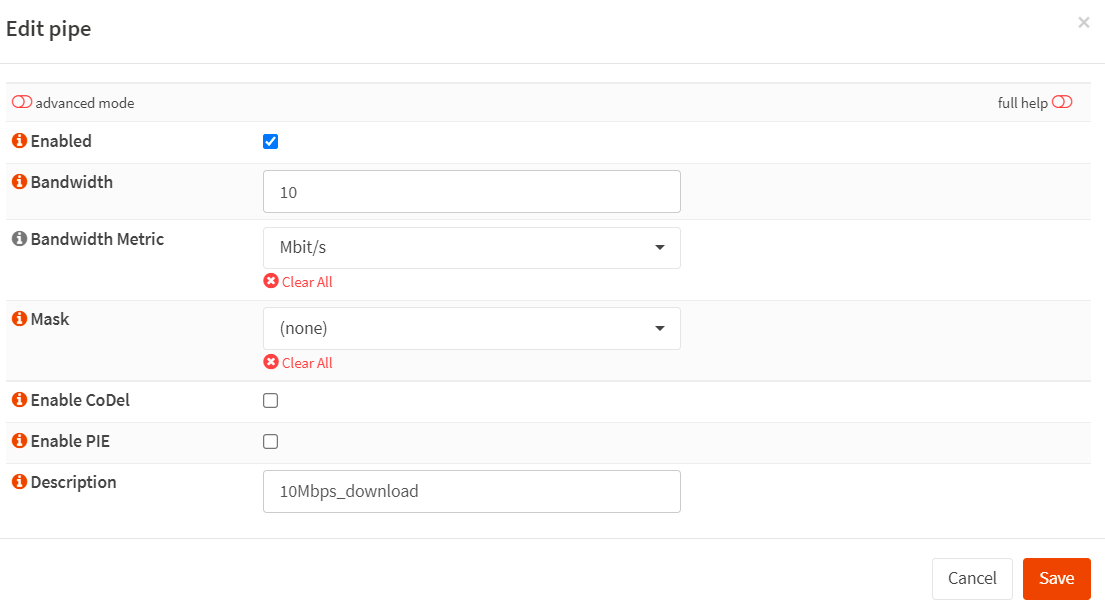 Creating a pipe for 10 Mbps download traffic in OPnsense