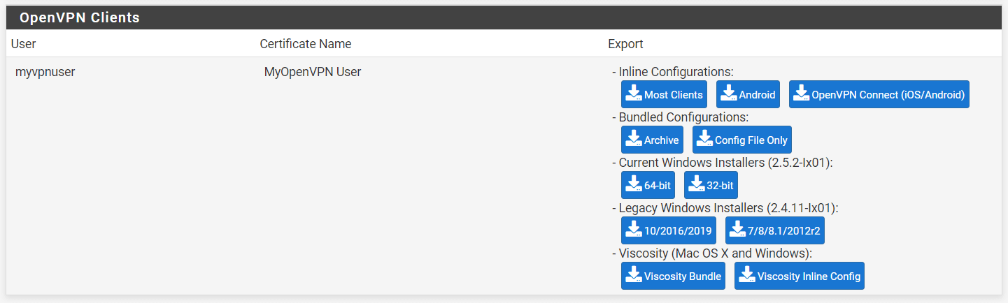OpenVPN Client configuration files to download from pfSense
