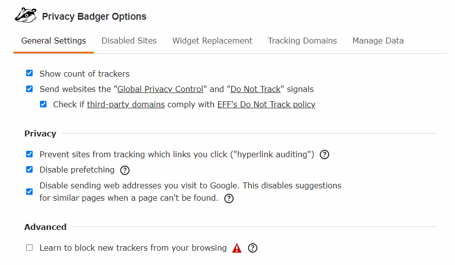 Privacy Badger General Settings