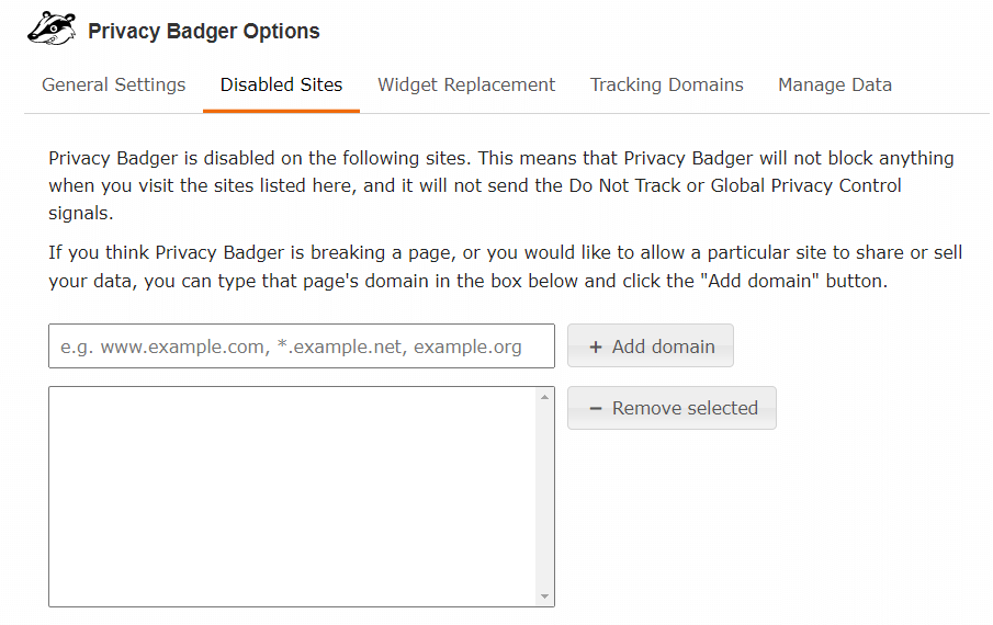 Privacy Badger Disabled Sites