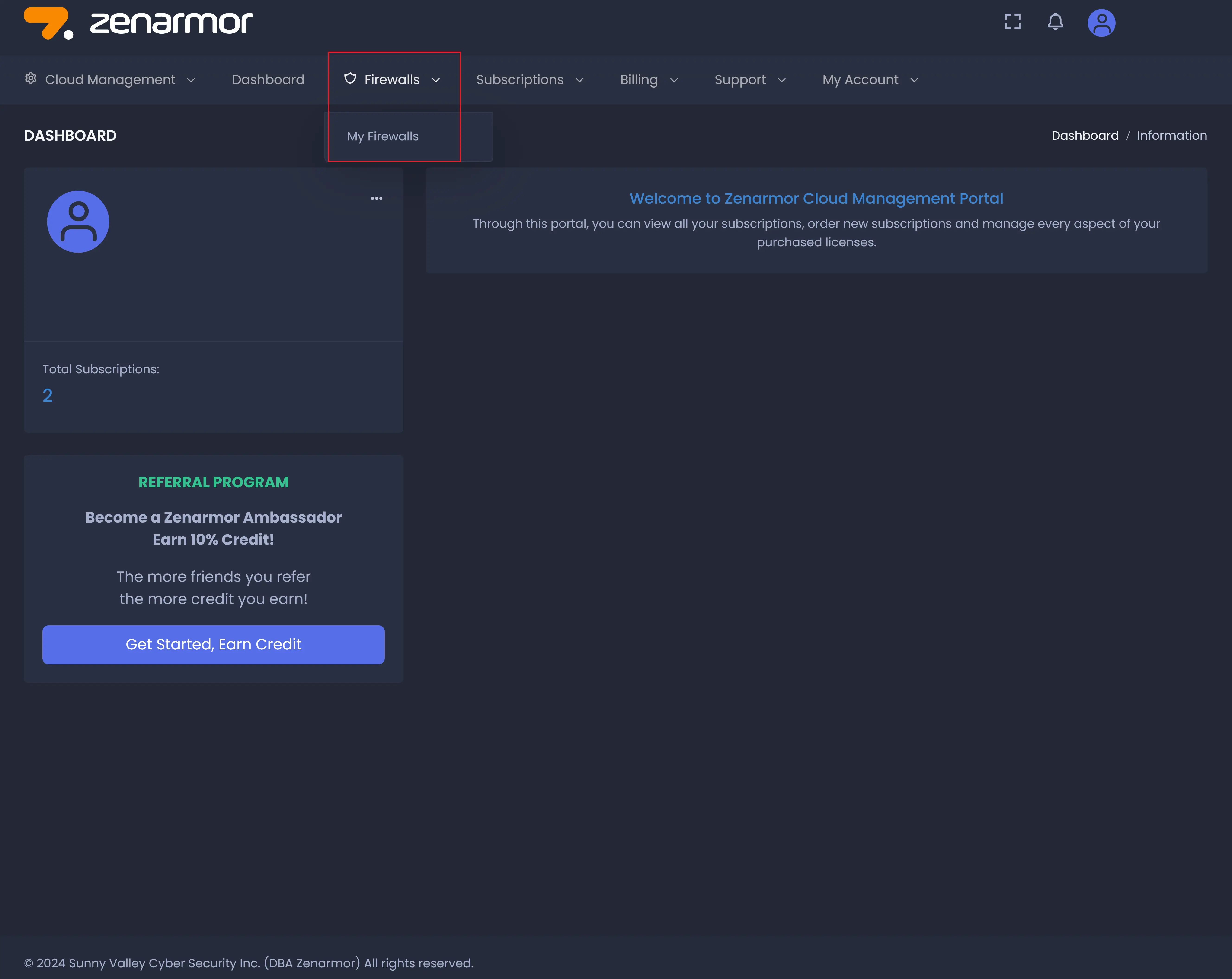 Accessing the Firewalls Page from Account Dashboard