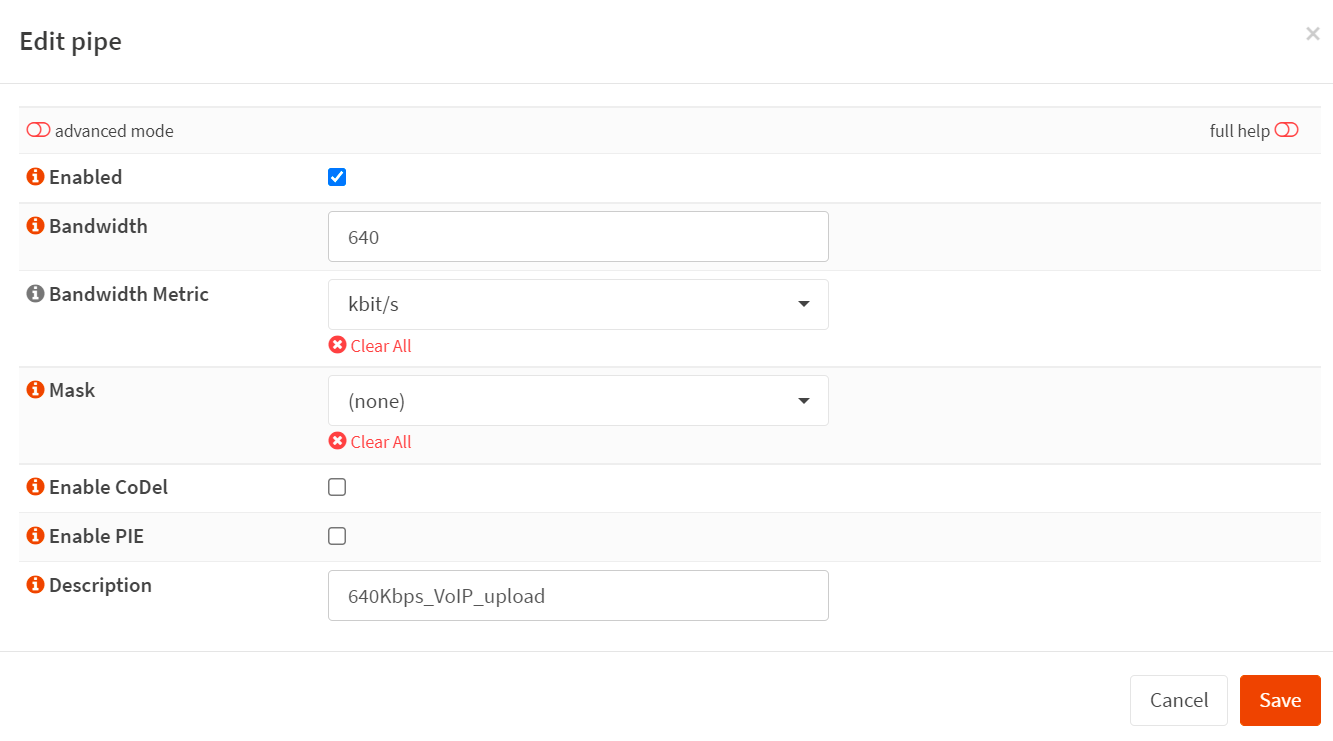 Creating a pipe for 640 Kbps VoIP upload bandwidth reservation