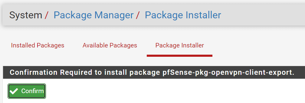 Confirmation of the  openvpn-client-export package installation on pfSense