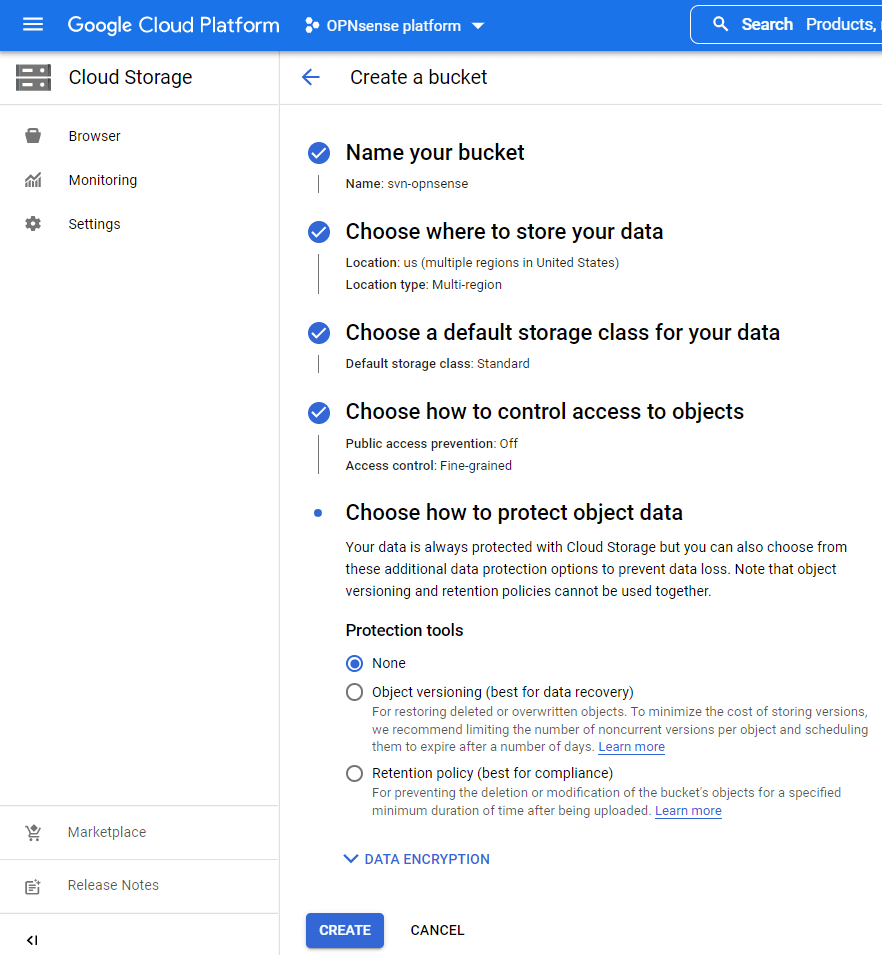 Creating a new bucket on Google Cloud