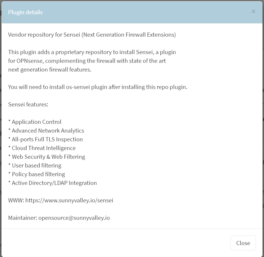  Viewing os-sunnyvalley plugin information details on OPNsense
