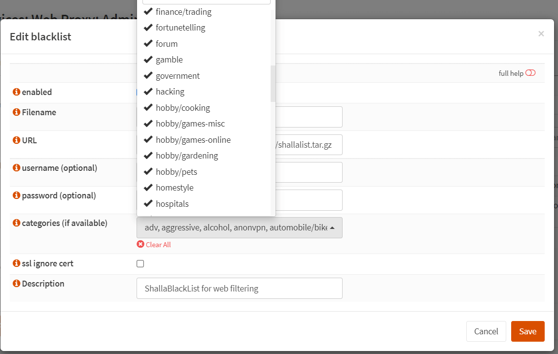 Selecting web categories to block on OPNsense proxy