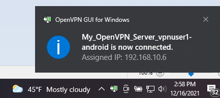 OpenVPN Windows 10 client connected with MFA