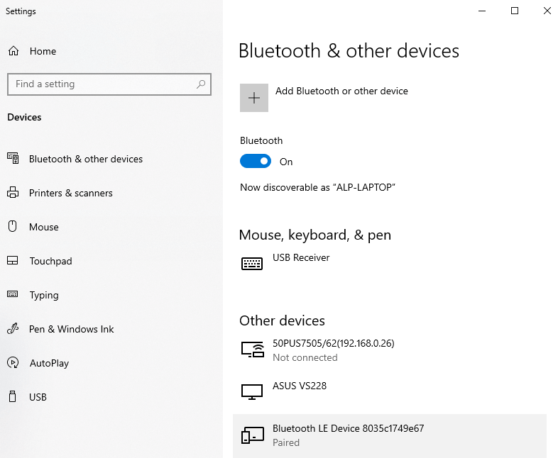 Bluetooth Settings on Windows 10 Bluetooth Settings on Windows 10