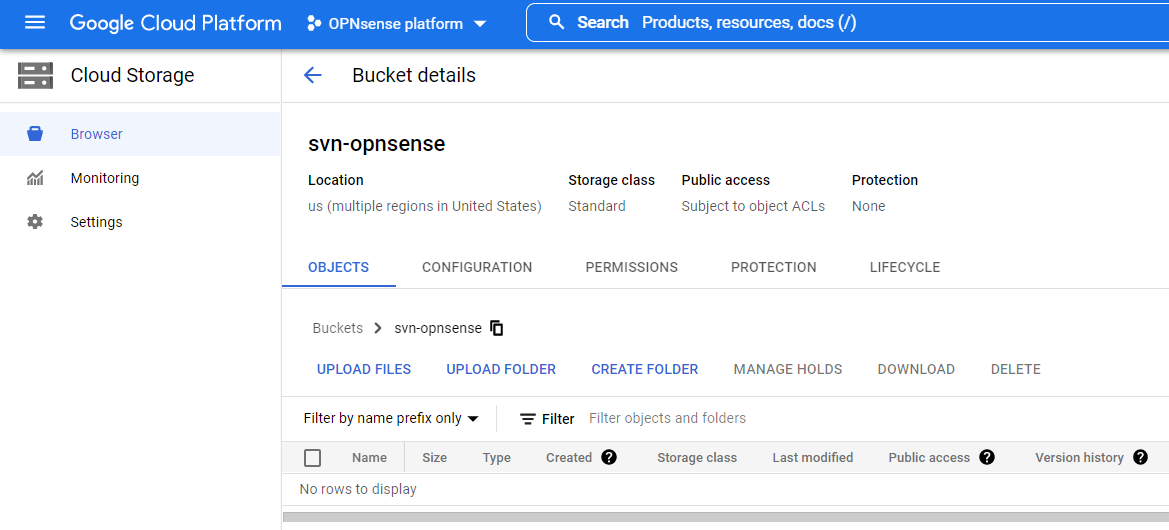 Bucket details page on Google Cloud