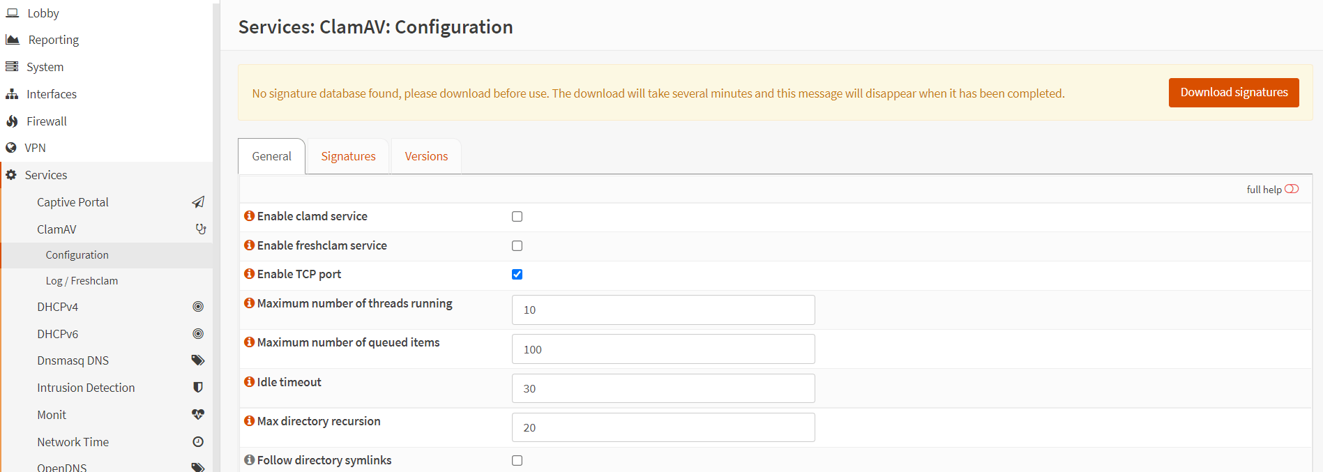 Downloading ClamAV virus signatures in OPNsense Web U