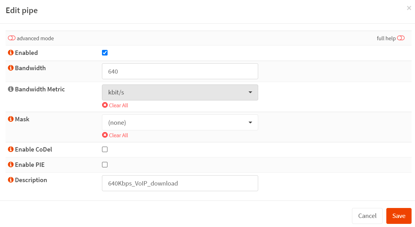 Creating a pipe for 640 Kbps VoIP download bandwidth reservation