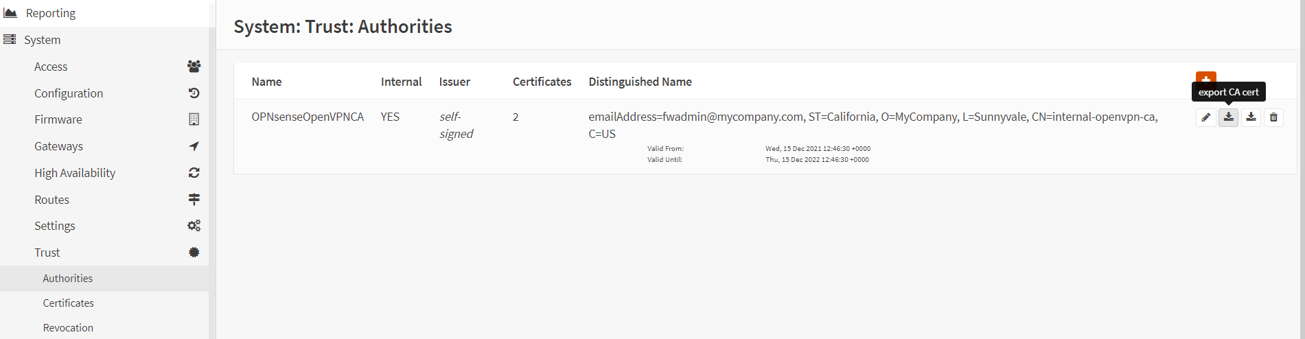 Exporting CA certificate on OPNsense UI