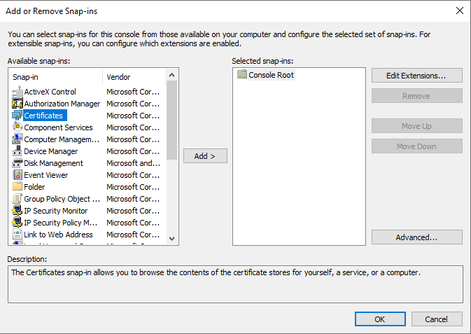 Adding Certificates snap-in Microsoft Management Control