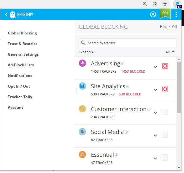 Ghostery Global Blocking Configuration