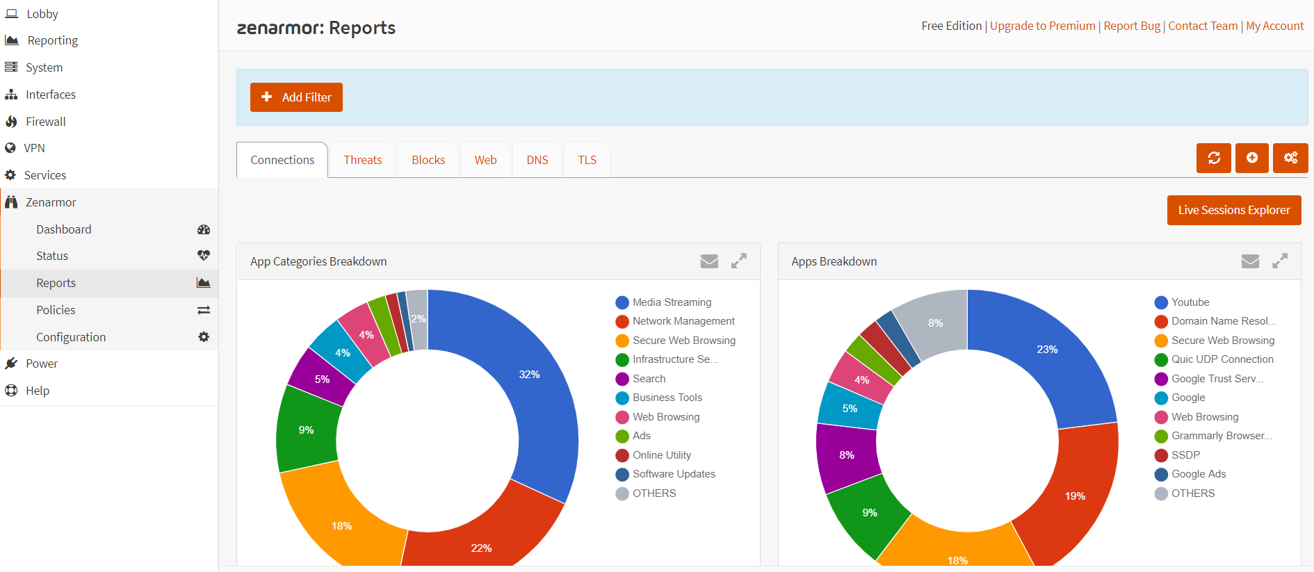 Accessing the Connections report view on Zenarmor