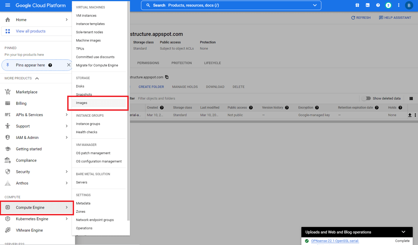 Navigating to Images on Google Cloud Console