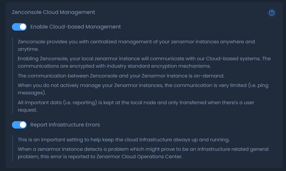 Zenconsole Cloud Management options on Privacy Settings