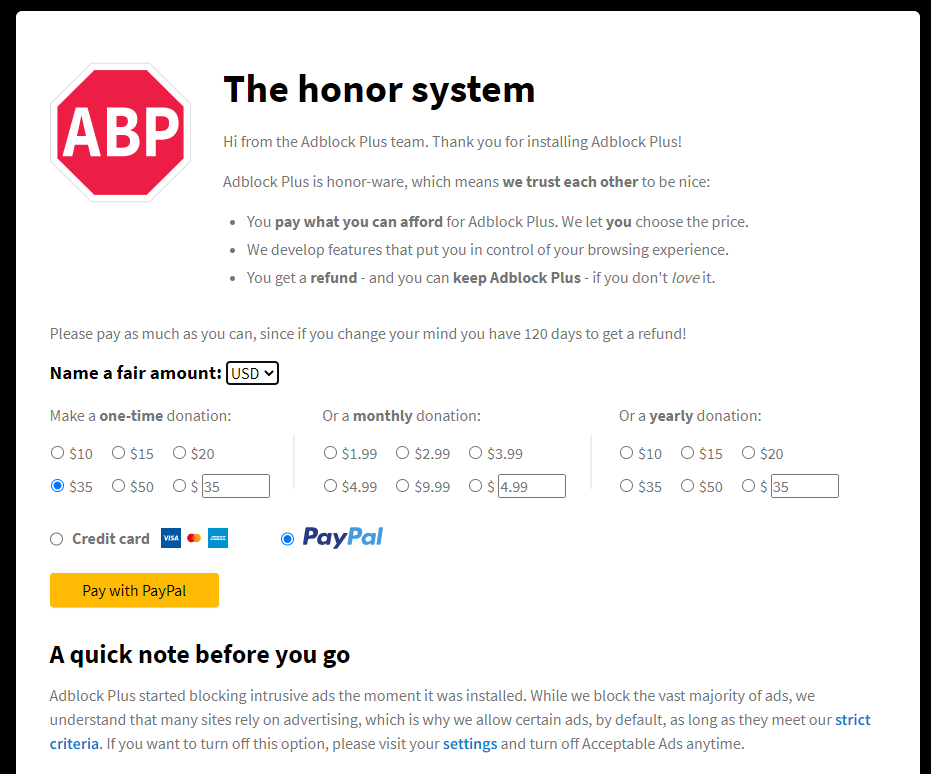 Adblock Plus Honor System page