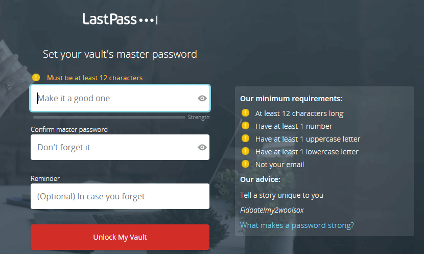 Setting LastPass master password 