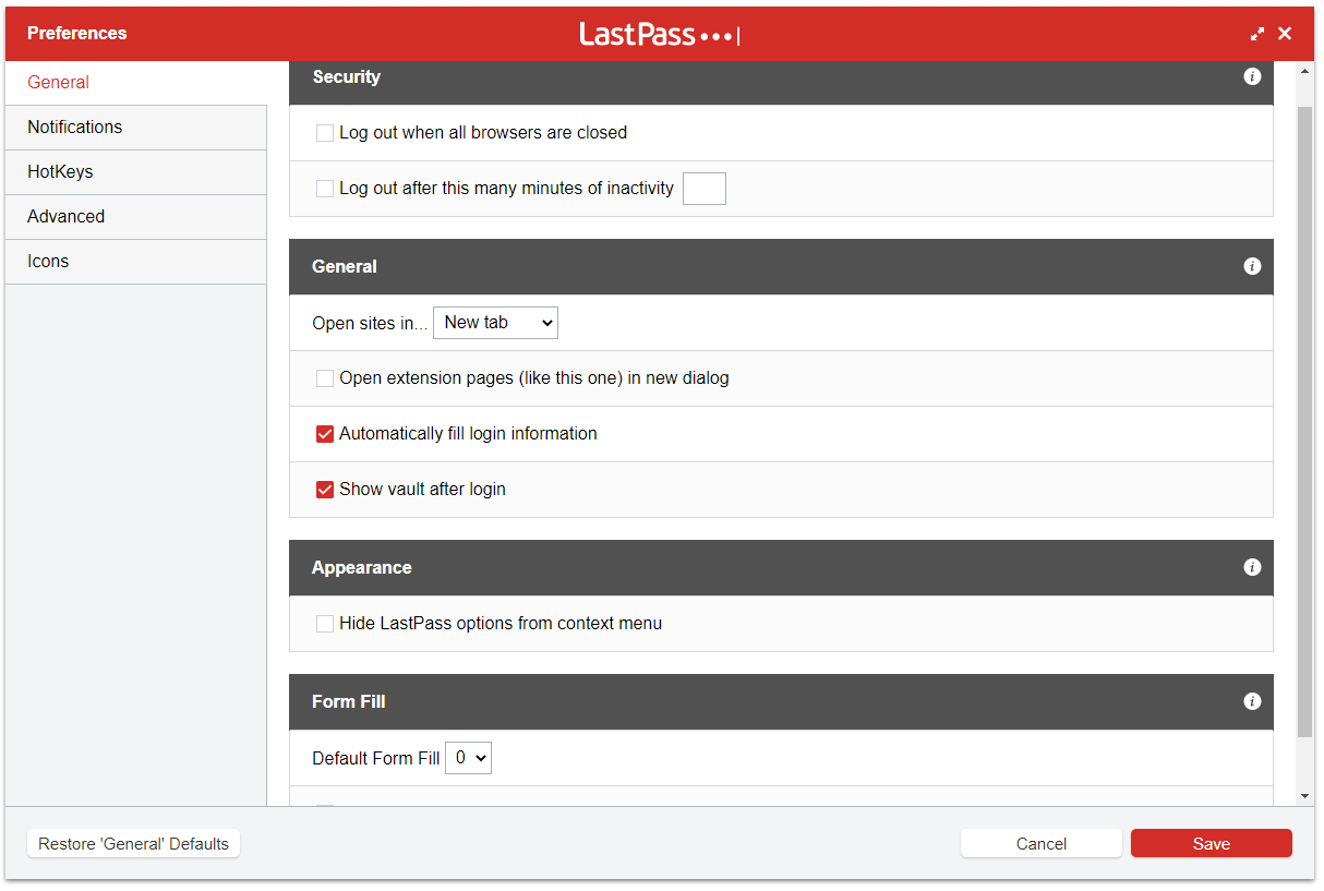 LastPass General Preferences