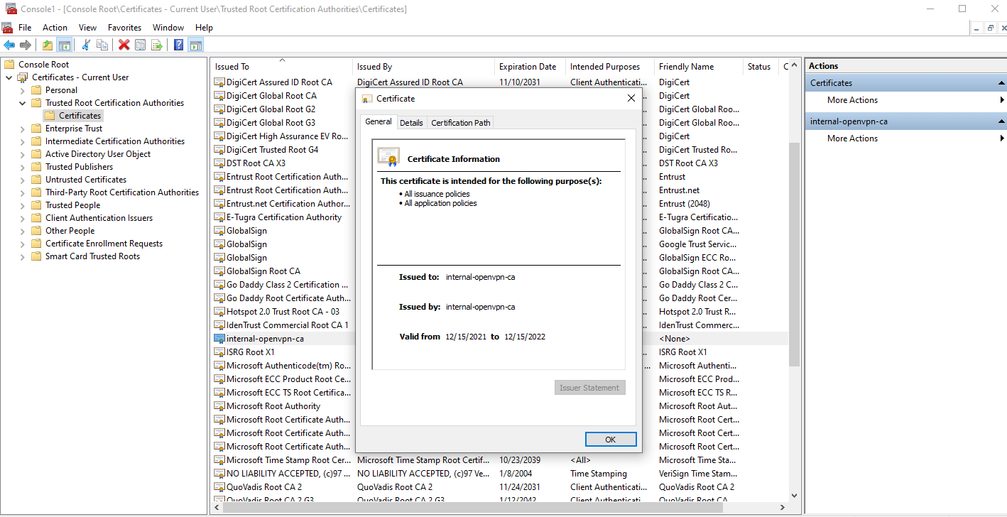 Internal pfSense CA Certificates Imported as a Trusted Root CA certificate in Windows 10 client