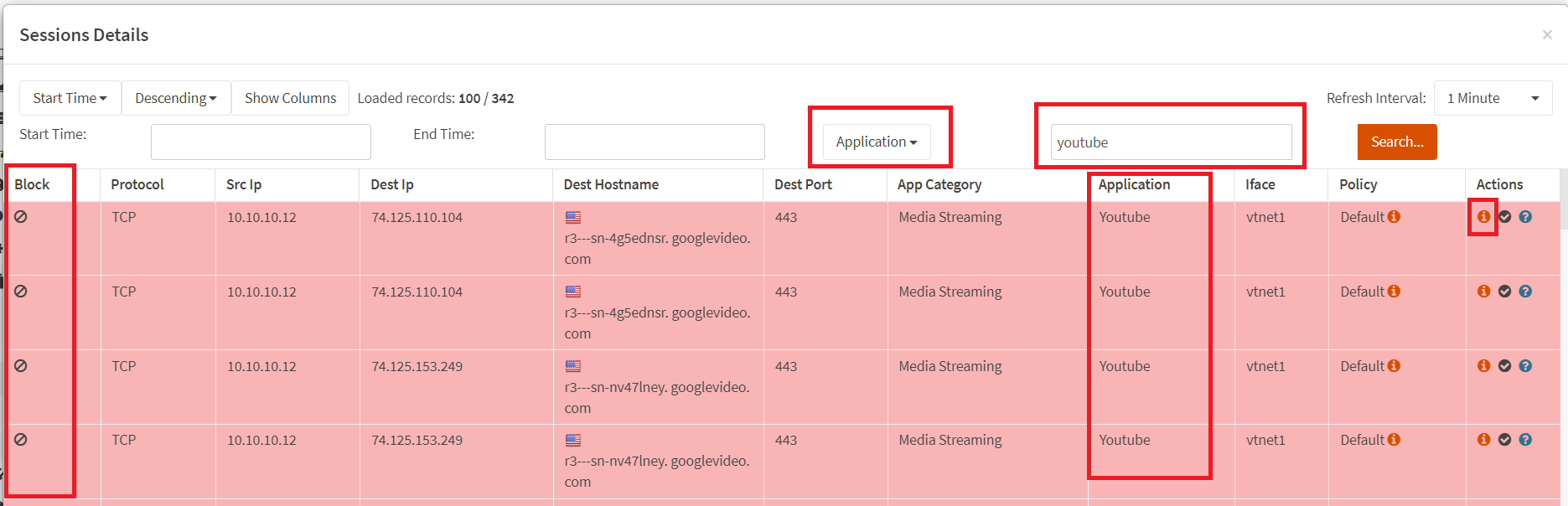 Live Connections Report Filtered by Application youtube