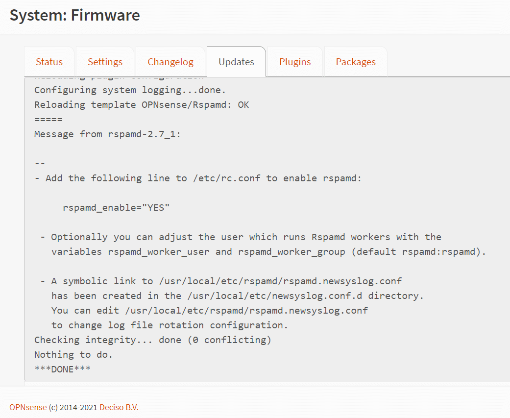 Plugin installation output on the Updates page of OPNsense