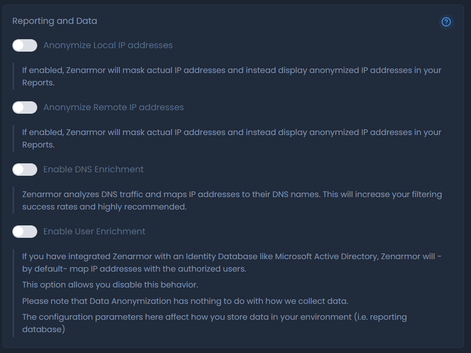 Zenconsole - Reporting and Data options on Privacy Settings