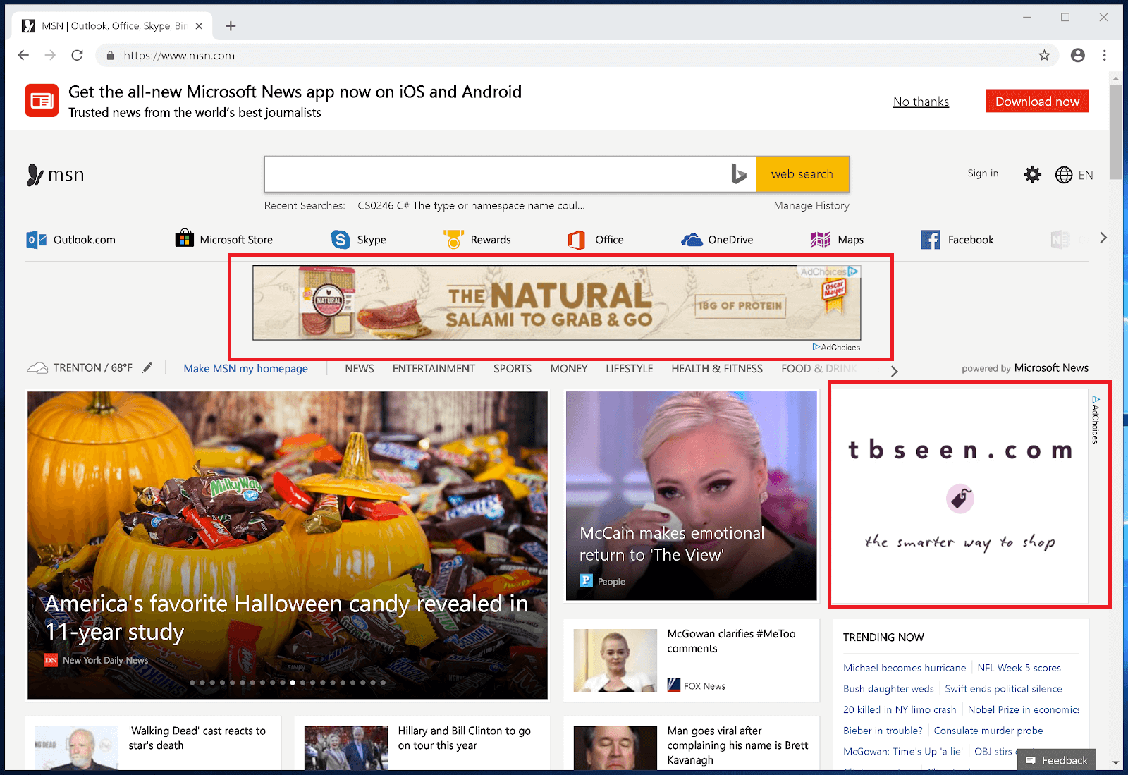 MSN homepage with ads