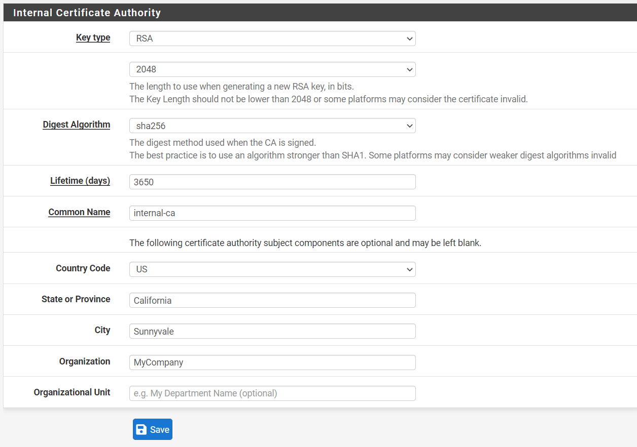 Setting Internal Certificate Authority options on pfSense
