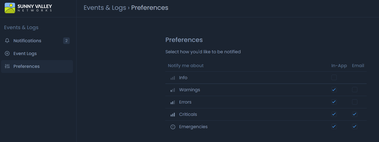 Setting the preferences for the notifications