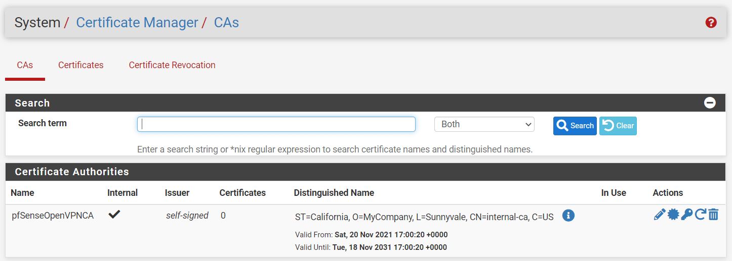 Created Certificate Authorities on pfSense