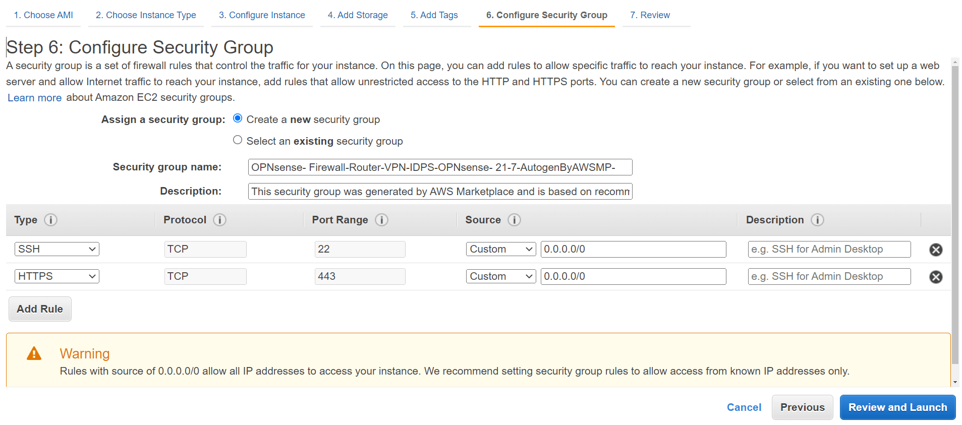 Configure Security Group for OPNsense instance on AWS