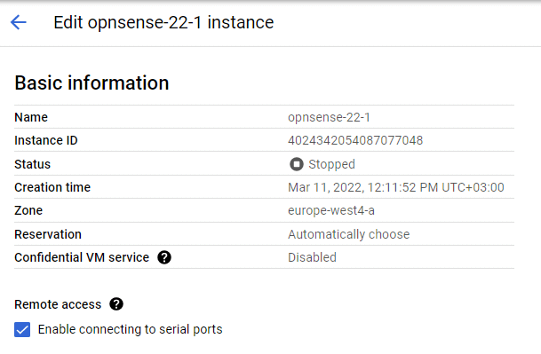 Enable serial console access for Google Cloud instance
