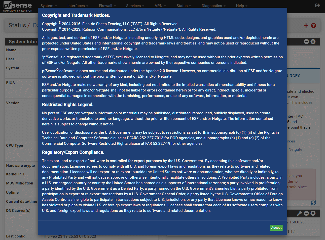 Accepting copyright and trademark notice of pfSense firewall