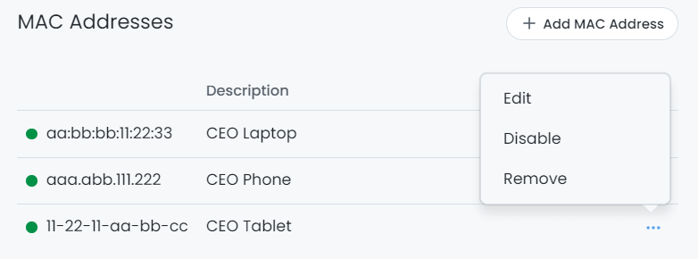 Actions menu for MAC address List on policy