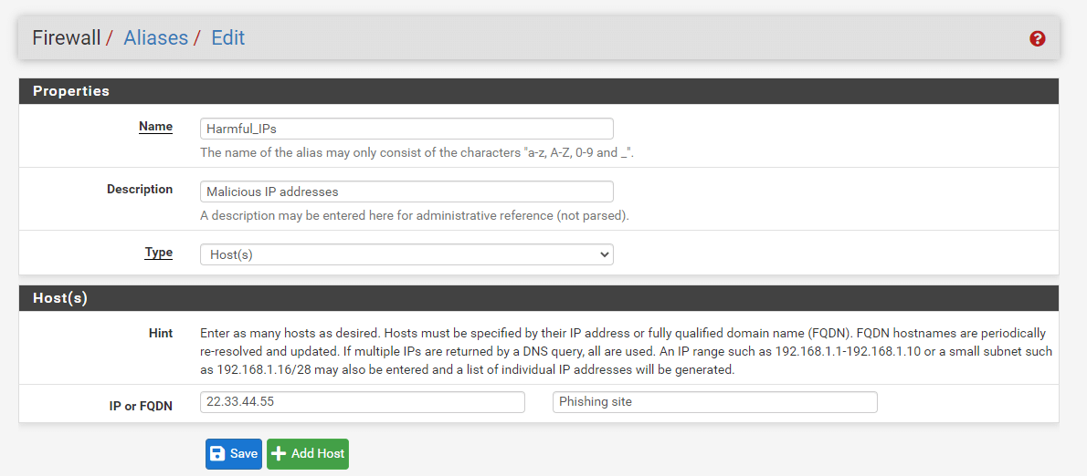 Defining an alias for harmful IPs