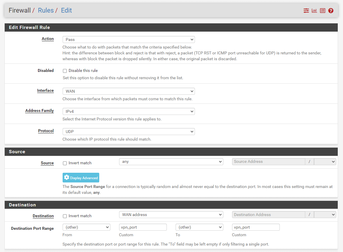 Defining firewall rule for VPN access