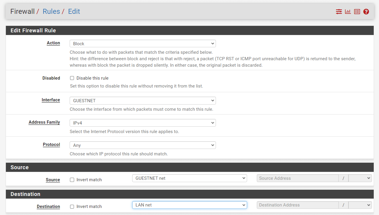 Adding Firewall Rule to Block LAN access from GuestNet on pfSense