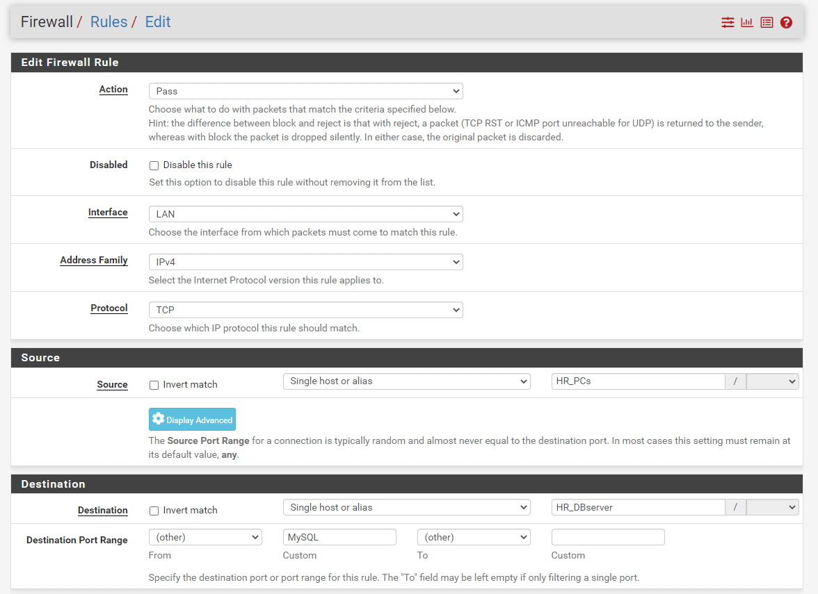 Defining HR Database server access rule 