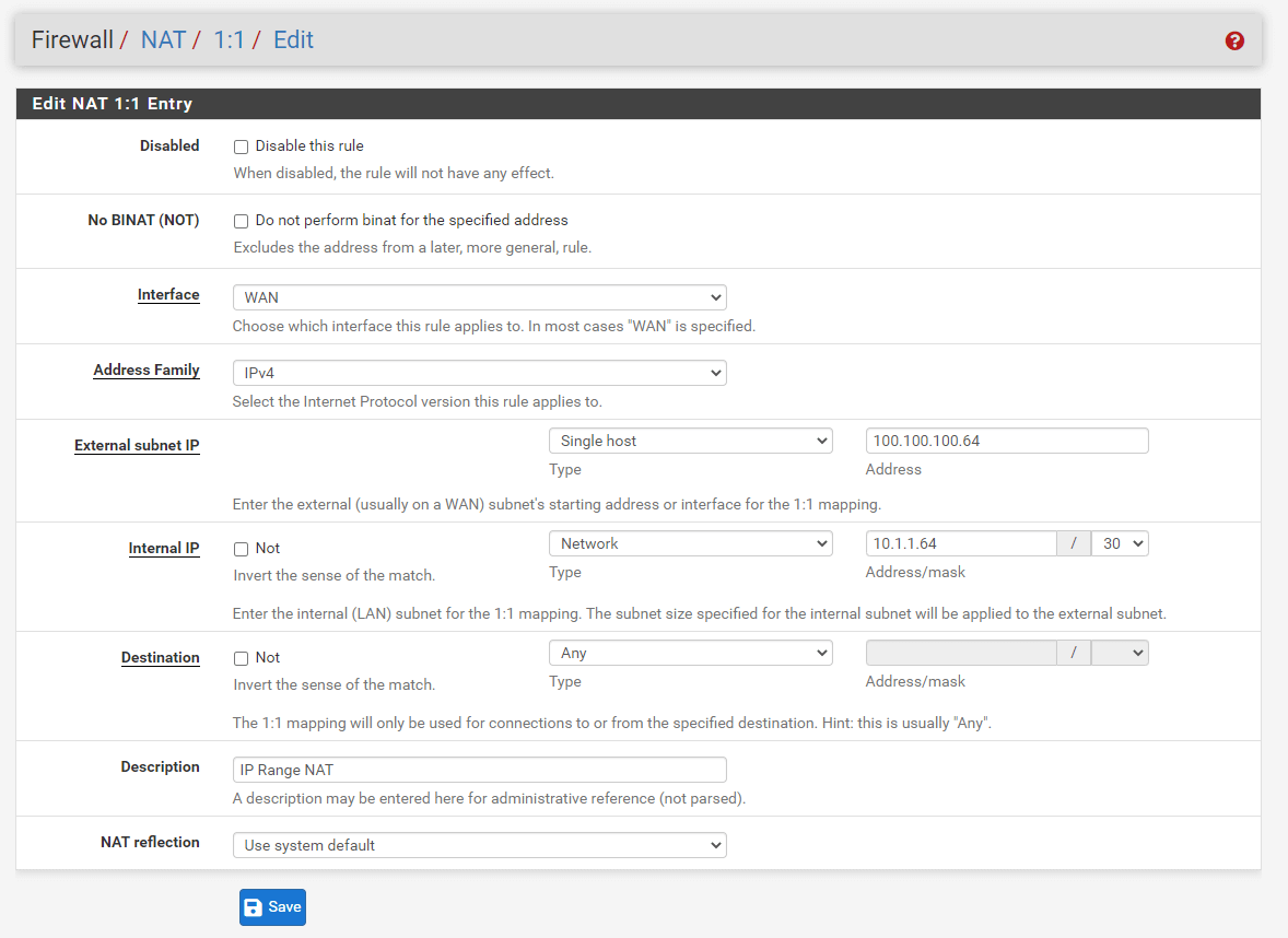 Adding IP address Range 1:1 NAT rule