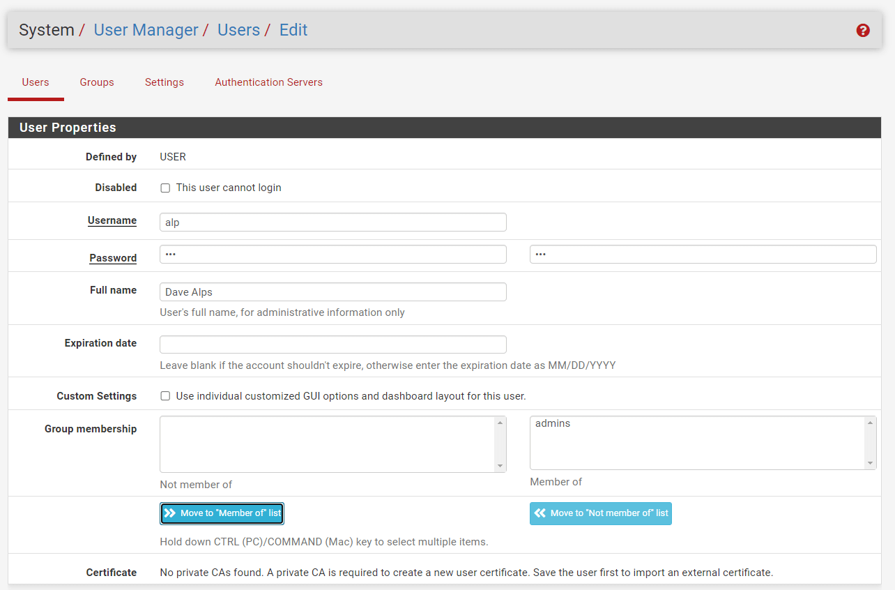Adding new account with admin privilege on pfsense