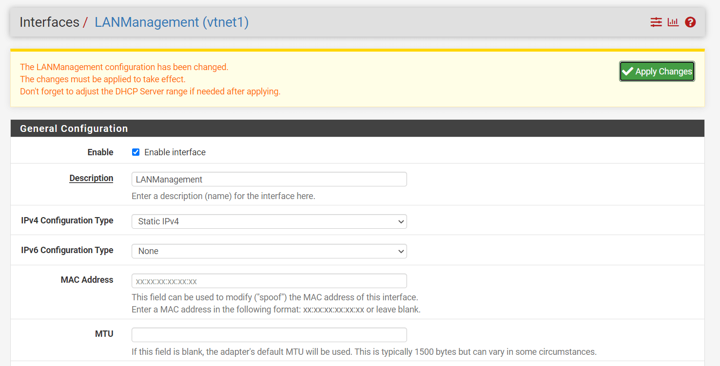 Applying changes on LANManagement interface