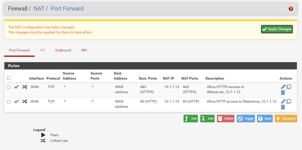 Applying changes port forwarding rule for HTTP