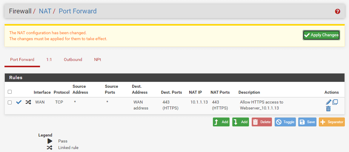 Applying changes port forwarding rule for HTTPS