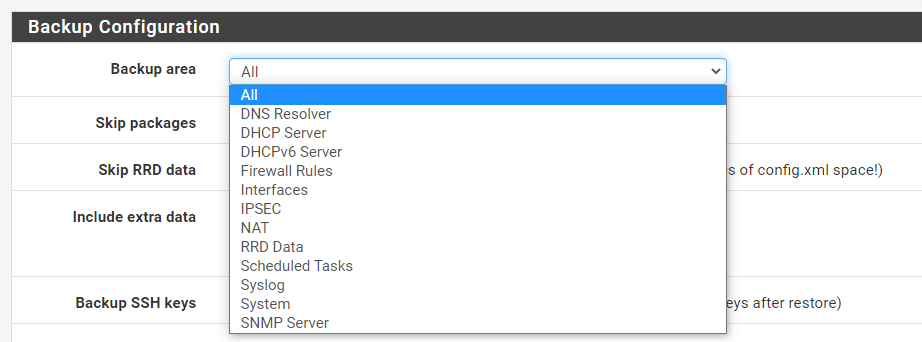 Backup Area Options on pfSense