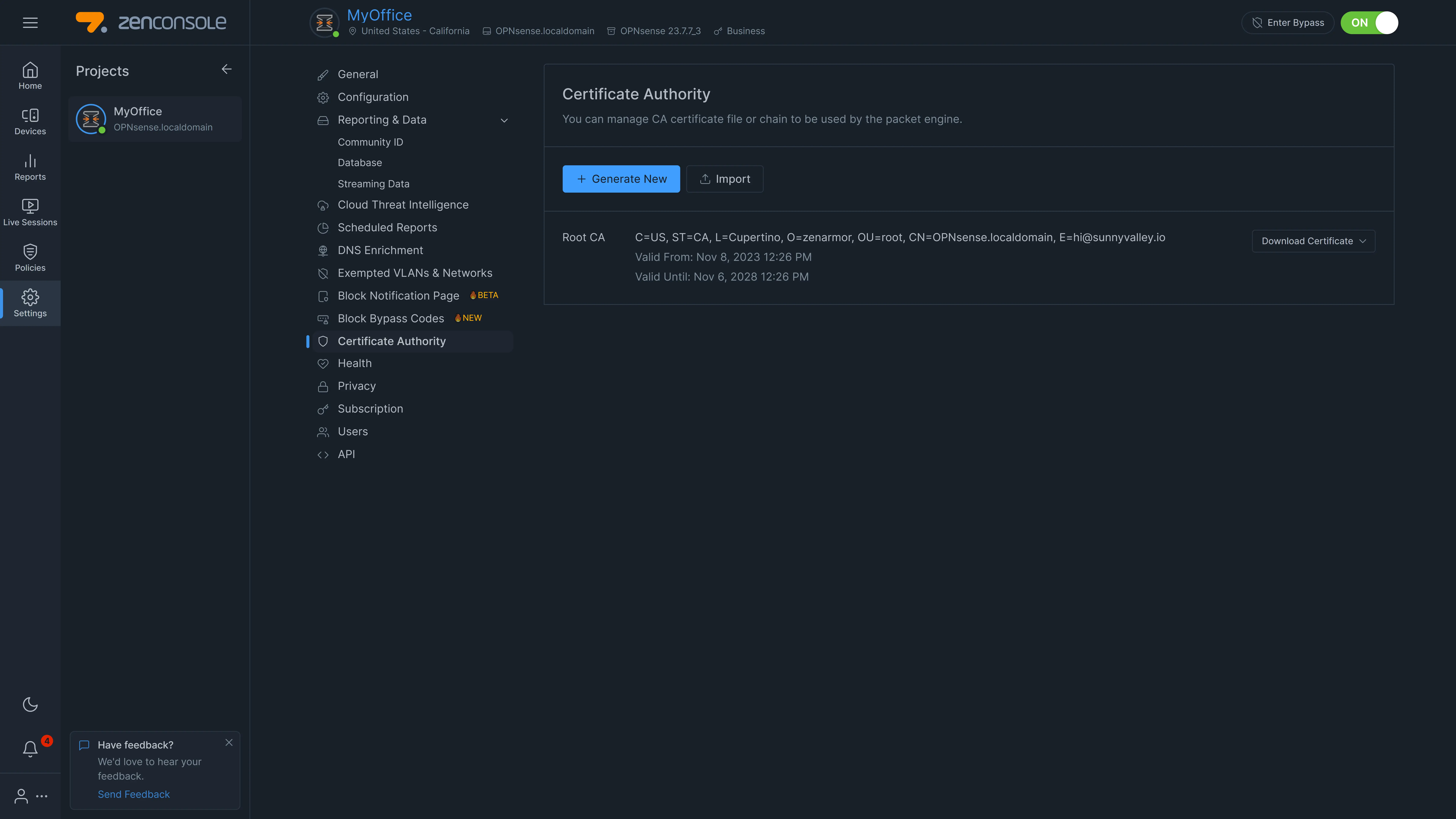CA Certificate Settings Page 